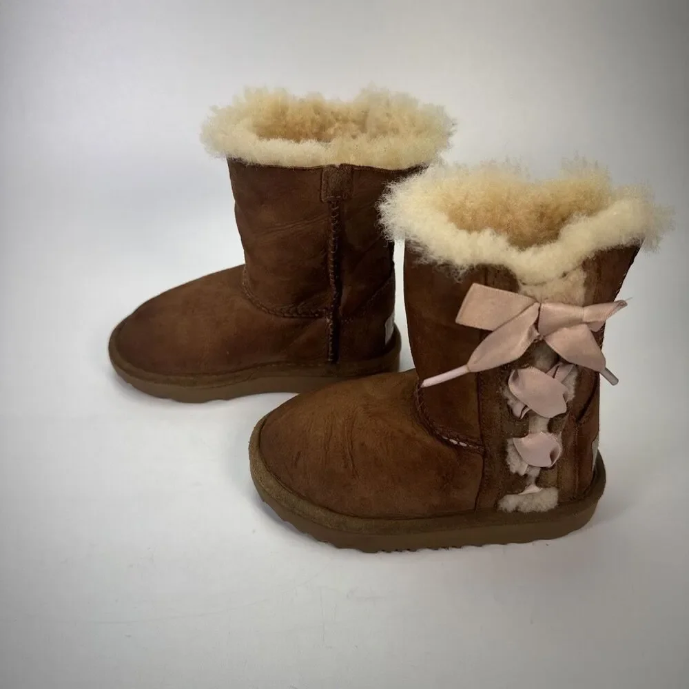 Ugg Boots Girls 9 Pala Toddler Chestnut Brown Lace-up Bow Pull On 1017737T w Box